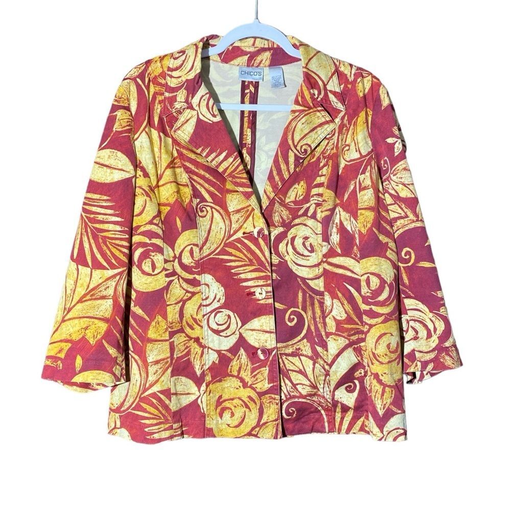 Chico's Red & Yellow Button Front Tropical Floral Blazer Women's Size 3 /XL /16
